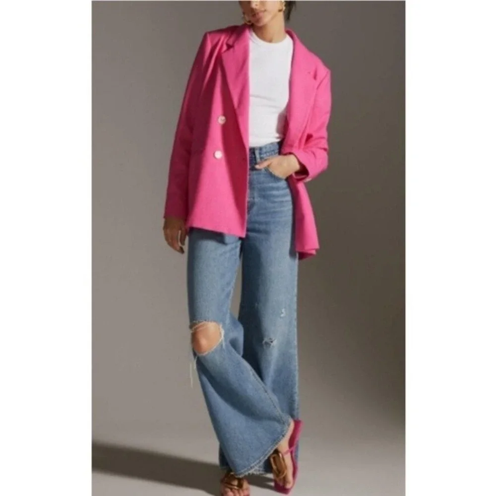 Maeve Anthropologie Blazer Womens 0 Hot Pink Double Breasted Jacket Career Bold - Picture 1 of 16